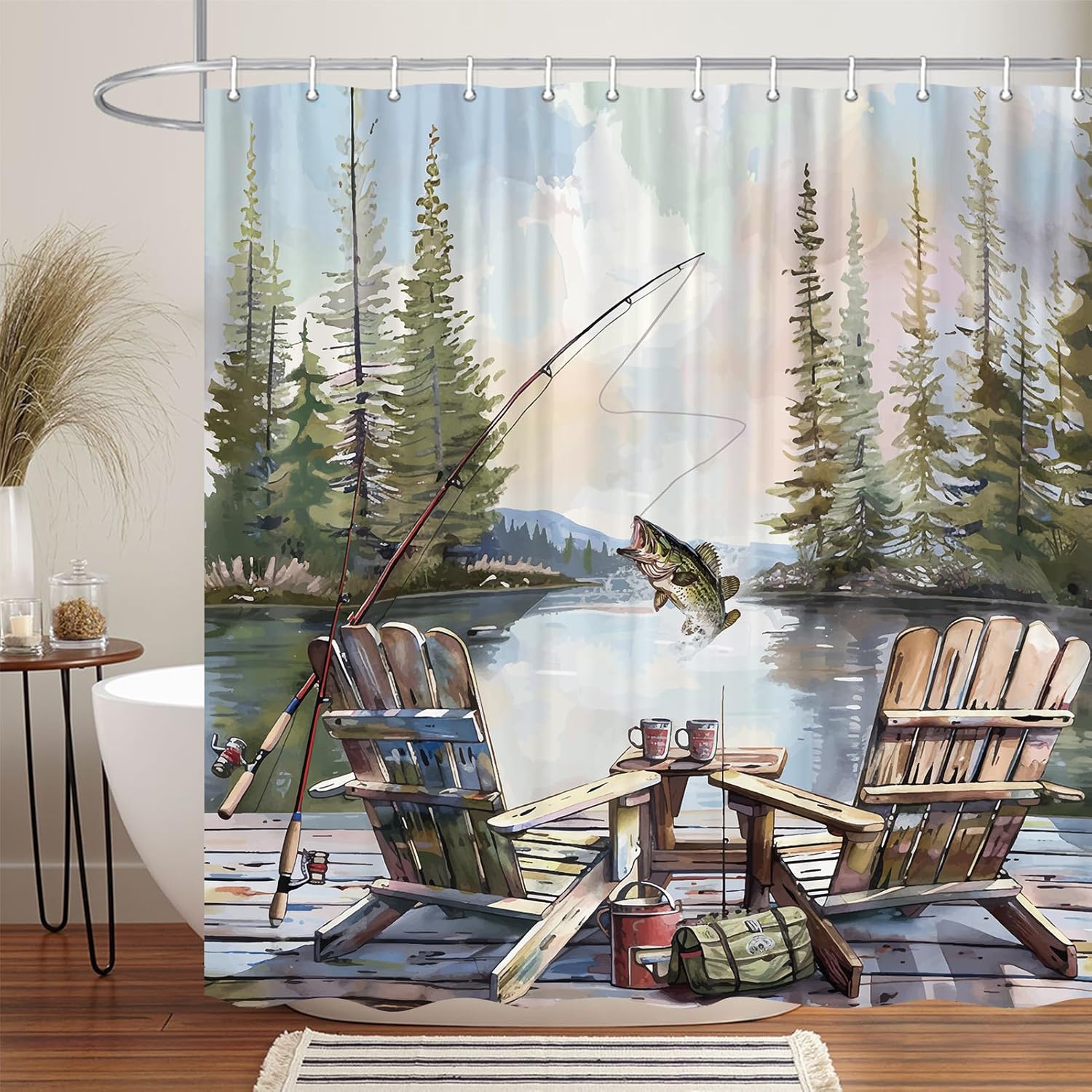 Hunting And Camping In Forest - Rustikaler Angel-Duschvorhang, Country Lodge Cabin Bass