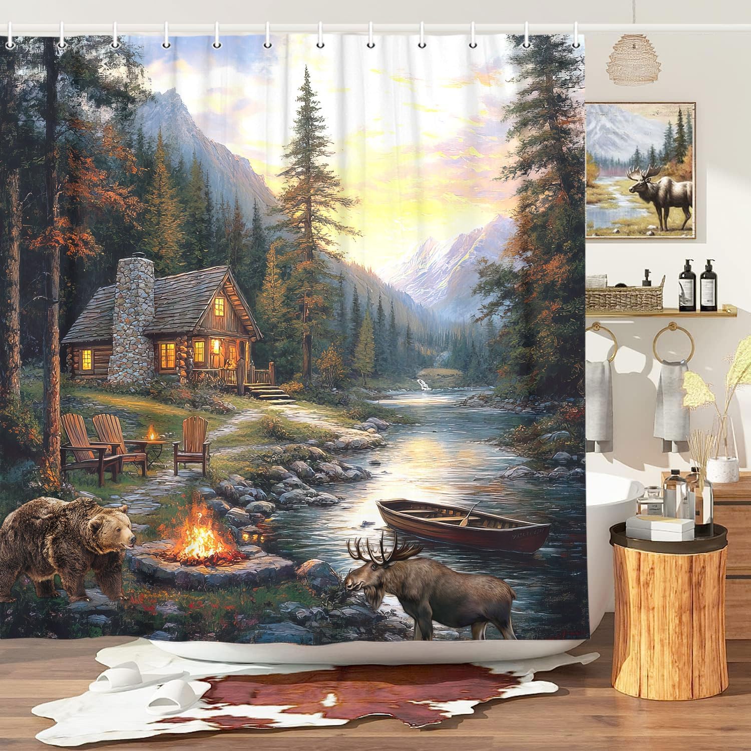 Hunting And Camping In Forest - Rustikaler Cabin Lodge Duschvorhang mit Bären-Elch,