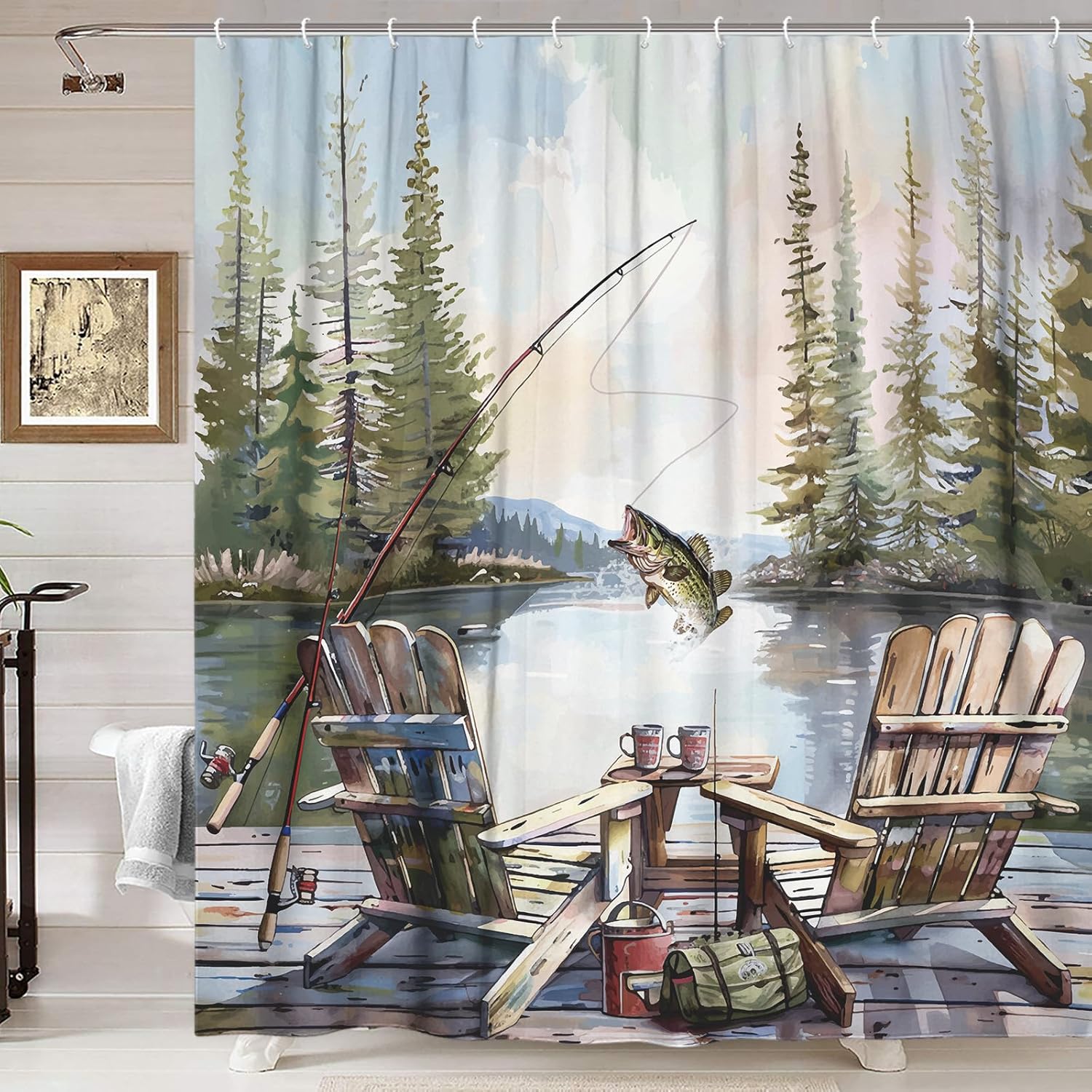 Rustikaler Angel-Duschvorhang, – Hunting And Camping In Forest Bewertung und Preis