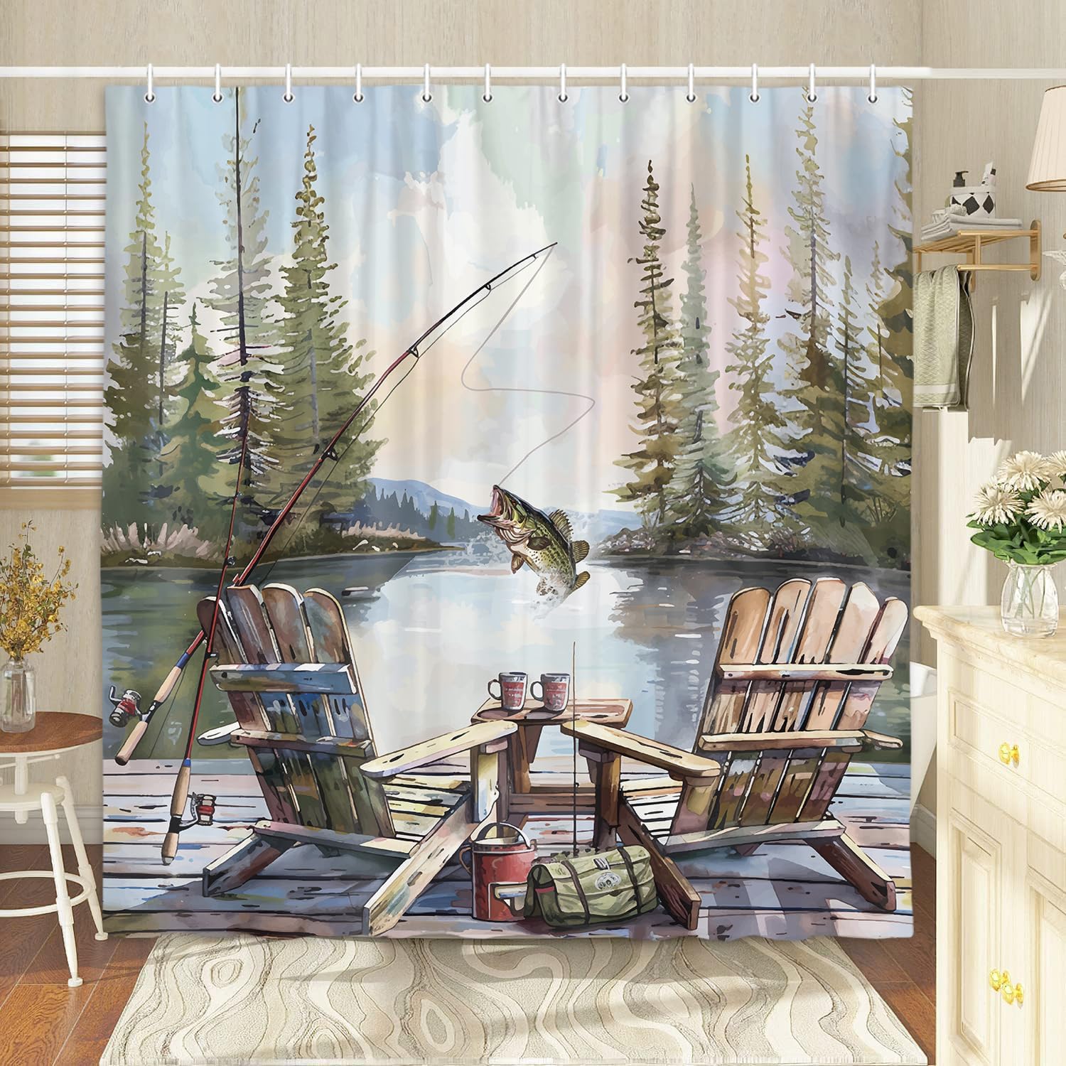 Rustikaler Angel-Duschvorhang, – Hunting And Camping In Forest Bewertung und Preis